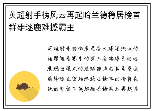 英超射手榜风云再起哈兰德稳居榜首群雄逐鹿难撼霸主