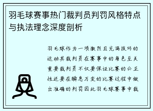 羽毛球赛事热门裁判员判罚风格特点与执法理念深度剖析